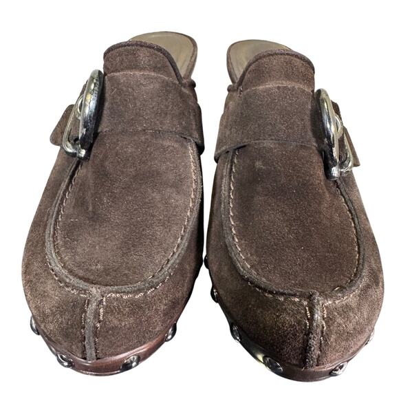 Stuart Weitzman Brown Suede Studded Mule Heels W/ Buckle Women's Size 6.5M US - Picture 2 of 8